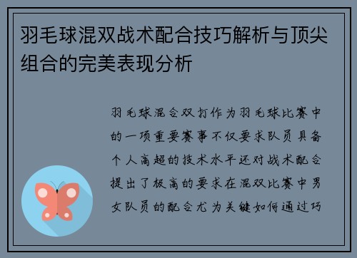 羽毛球混双战术配合技巧解析与顶尖组合的完美表现分析