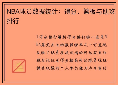 NBA球员数据统计：得分、篮板与助攻排行