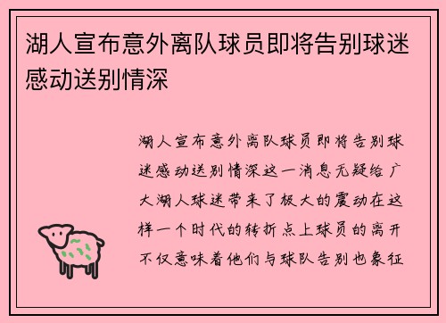 湖人宣布意外离队球员即将告别球迷感动送别情深